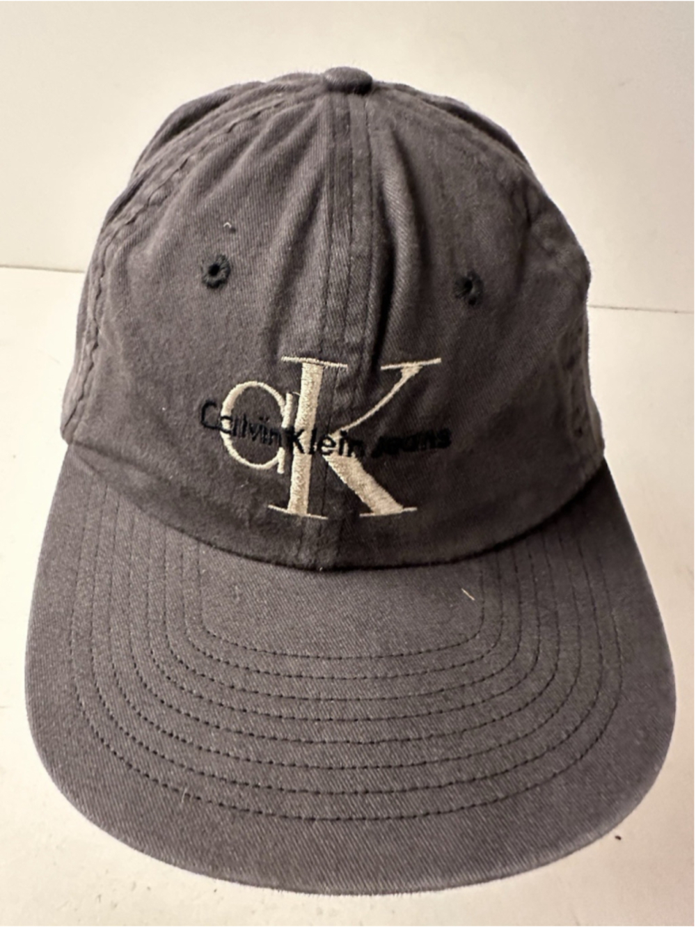Vintage Calvin Klein Jeans Hat Snapback Faded Charcoal Grey CK Logo Dad Cap 90s